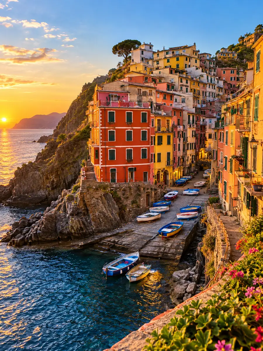 Riomaggiore's red and yellow houses above a small harbour at golden hour