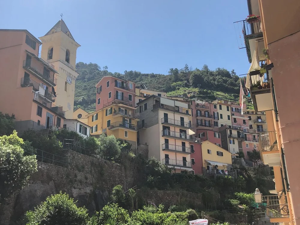 Coloured houses and a church bell tower climbing the hillside above green terraces