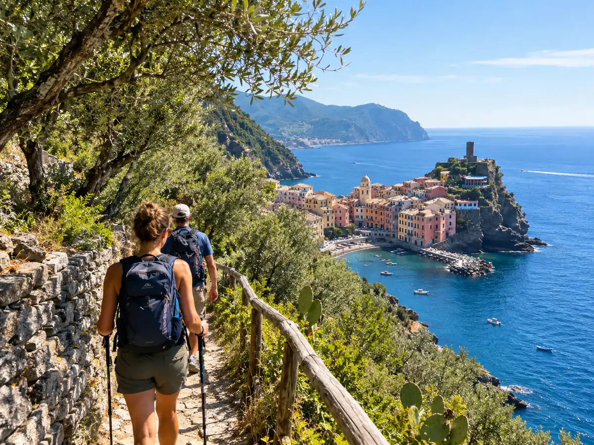 Hikers on a coastal path above the sea with Vernazza ahead