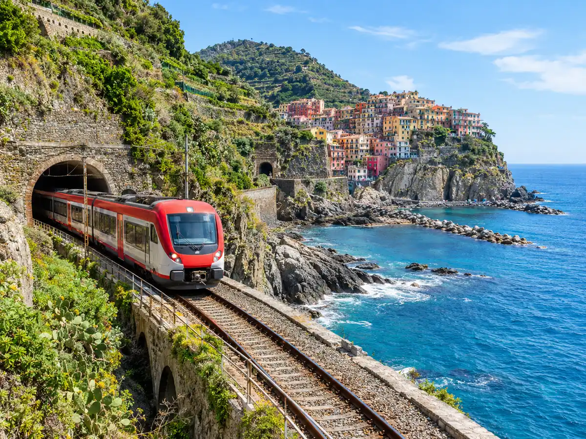 A red and white regional train on the coast between two tunnels